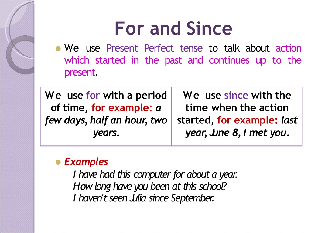 Since example. Present perfect since for правило. Since for правило present perfect Continuous. Present perfect for since правила. Present perfect simple for since правило.