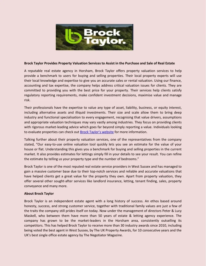 PPT Brock Taylor Provides Property Valuation Services to Assist in the Purchase and Sale of