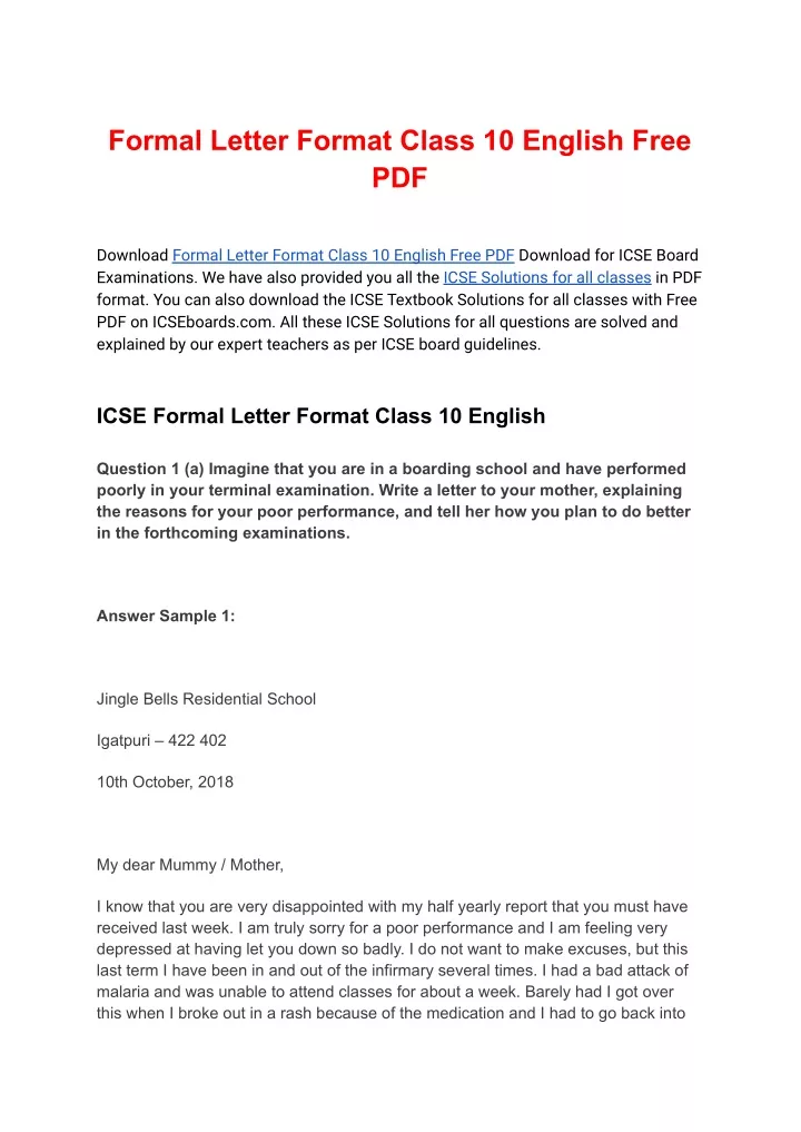 application letter format class 10