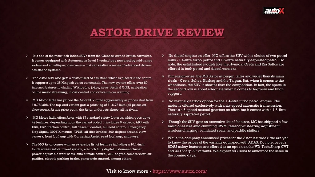 PPT MG Astor review MG Astor Car review autoX PowerPoint
