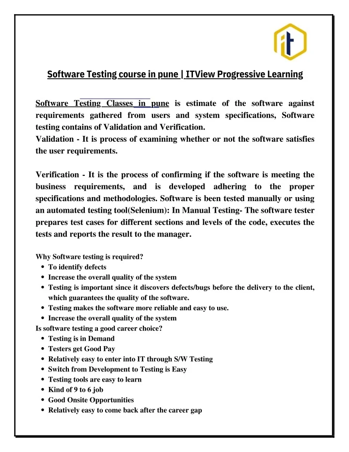 PPT Software Testing course in pune ITView Progressive Learning