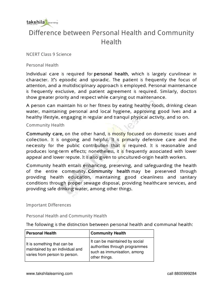 PPT Difference between Personal Health and Community Health class 9