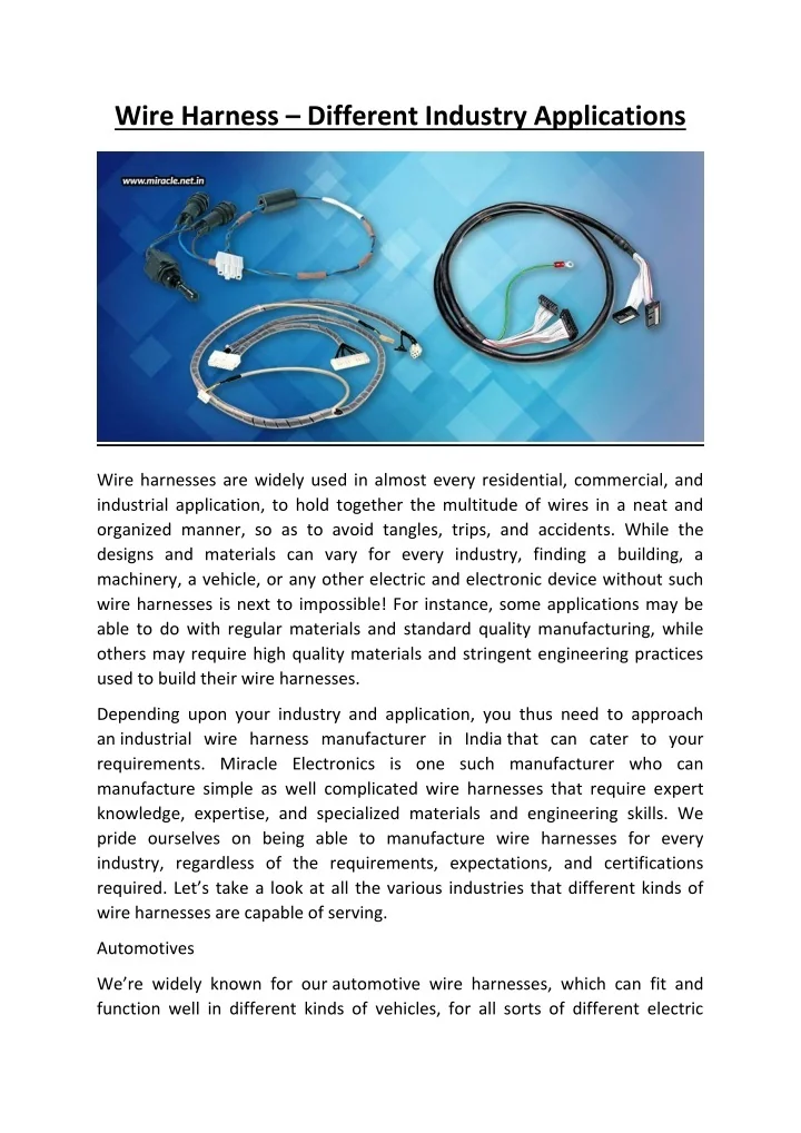 PPT Wire Harness Different Industry Applications PowerPoint