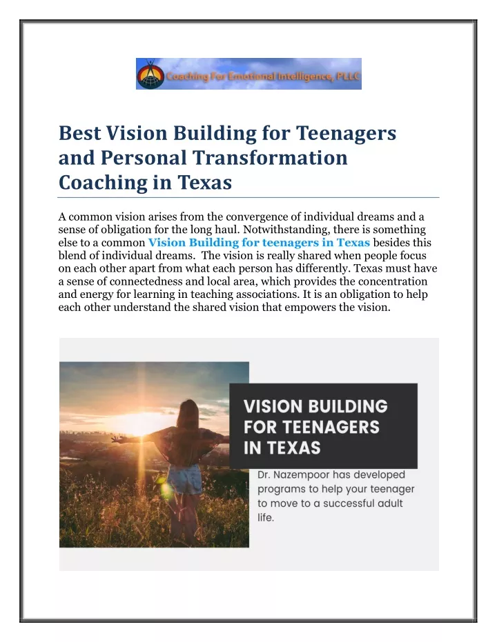 Best Vision Building for Teenagers and Personal Transformation Coaching in Texas