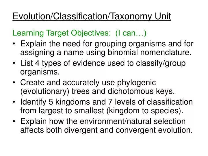 evolution classification taxonomy unit learning n.