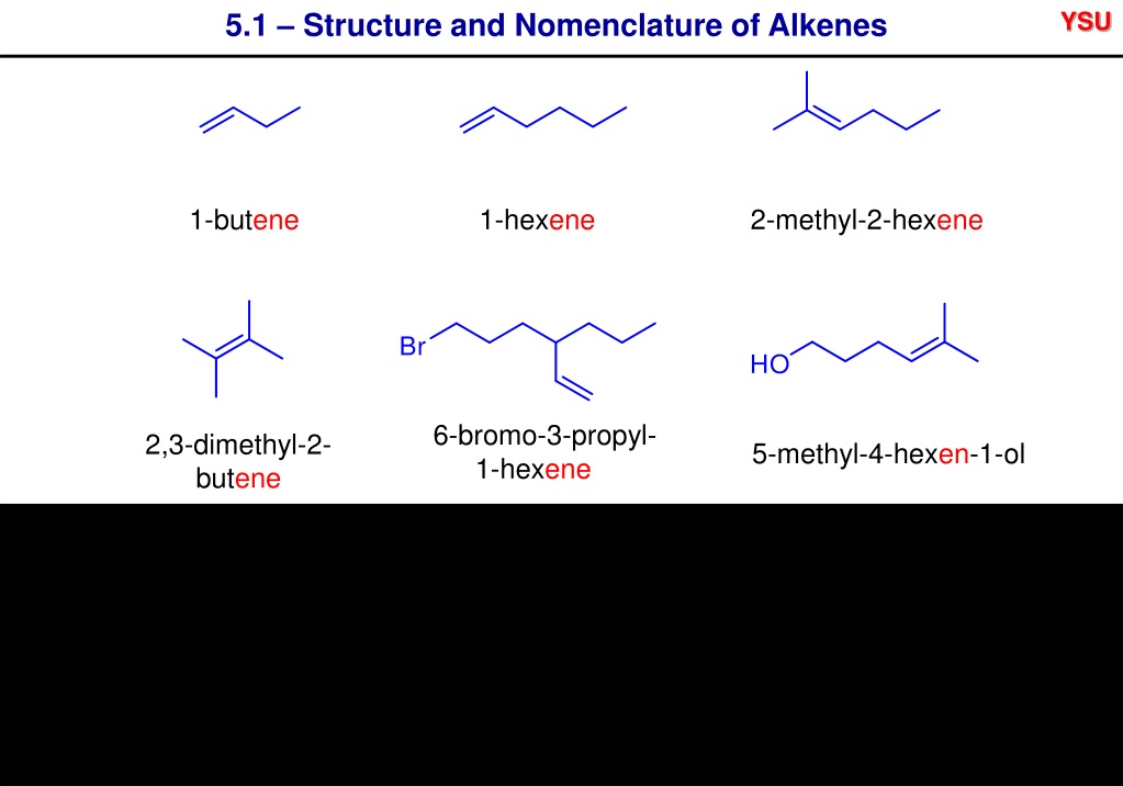 First structure. 3 Methyl 1 hexene. 5-Methyl-2-hexene. 2,3,4 Trimethyl 1 hexene. 2-Methyl-2-butene.