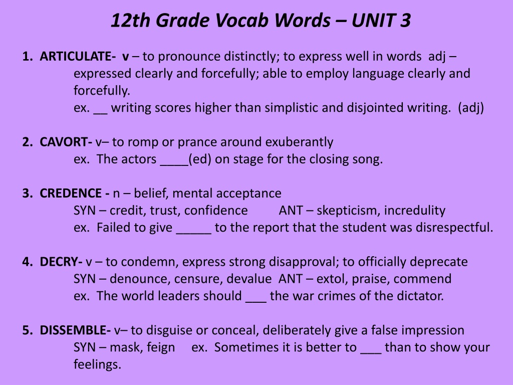 12th grade academic vocabulary words