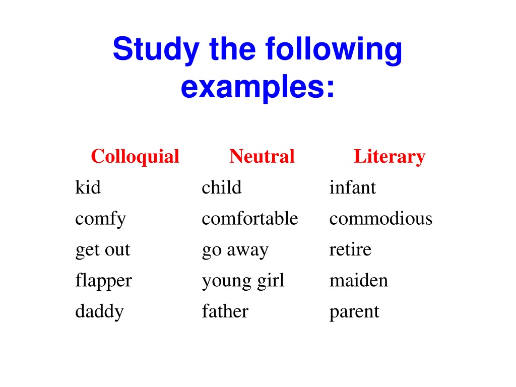 Own examples. Colloquial Neutral Literary. Common Literary Words примеры. Colloquial Words примеры. Literary Words примеры.