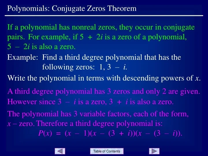 PPT - Polynomials: Conjugate Zeros Theorem PowerPoint Presentation ...