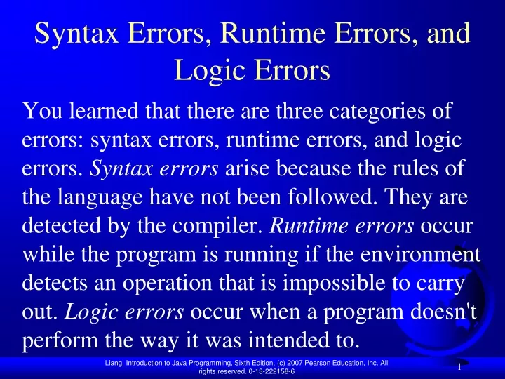 syntax errors runtime errors and logic errors n.