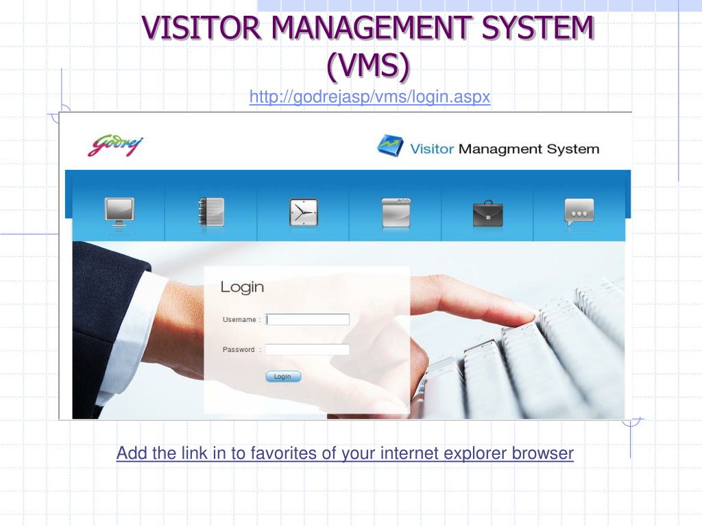 PPT VISITOR MANAGEMENT SYSTEM (VMS) PowerPoint Presentation, free