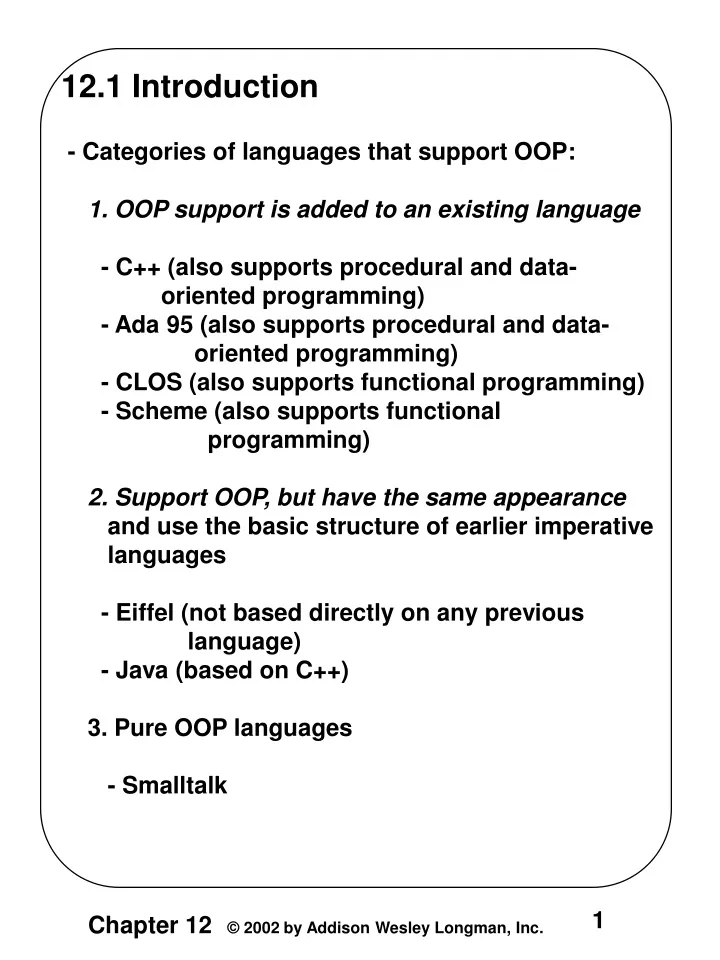 PPT - 12.1 Introduction - Categories of languages that support OOP ...