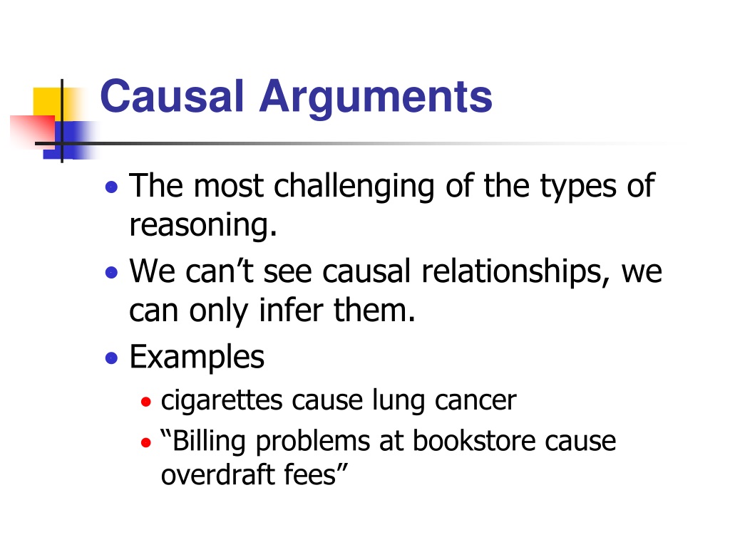 Arguments examples. Causal. Types of Reasoning. Causal Reasoning. Causal relationship.