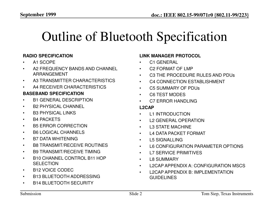 give a presentation on bluetooth specification standards (ieee 802.15.1)