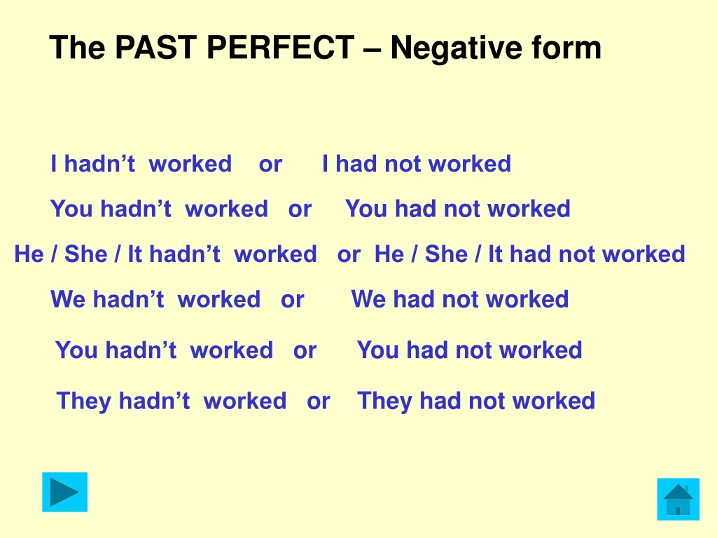 Past Perfect Examples Negative