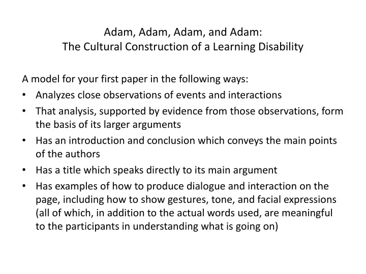 adam adam adam and adam the cultural construction of a learning disability n.