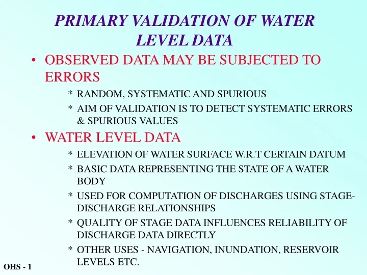 PPT PRIMARY VALIDATION OF WATER LEVEL DATA PowerPoint Presentation