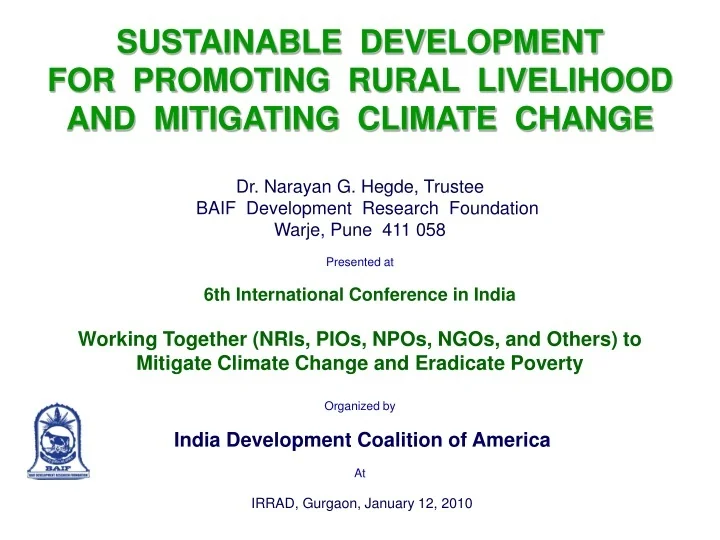 PPT - SUSTAINABLE DEVELOPMENT FOR PROMOTING RURAL LIVELIHOOD AND ...