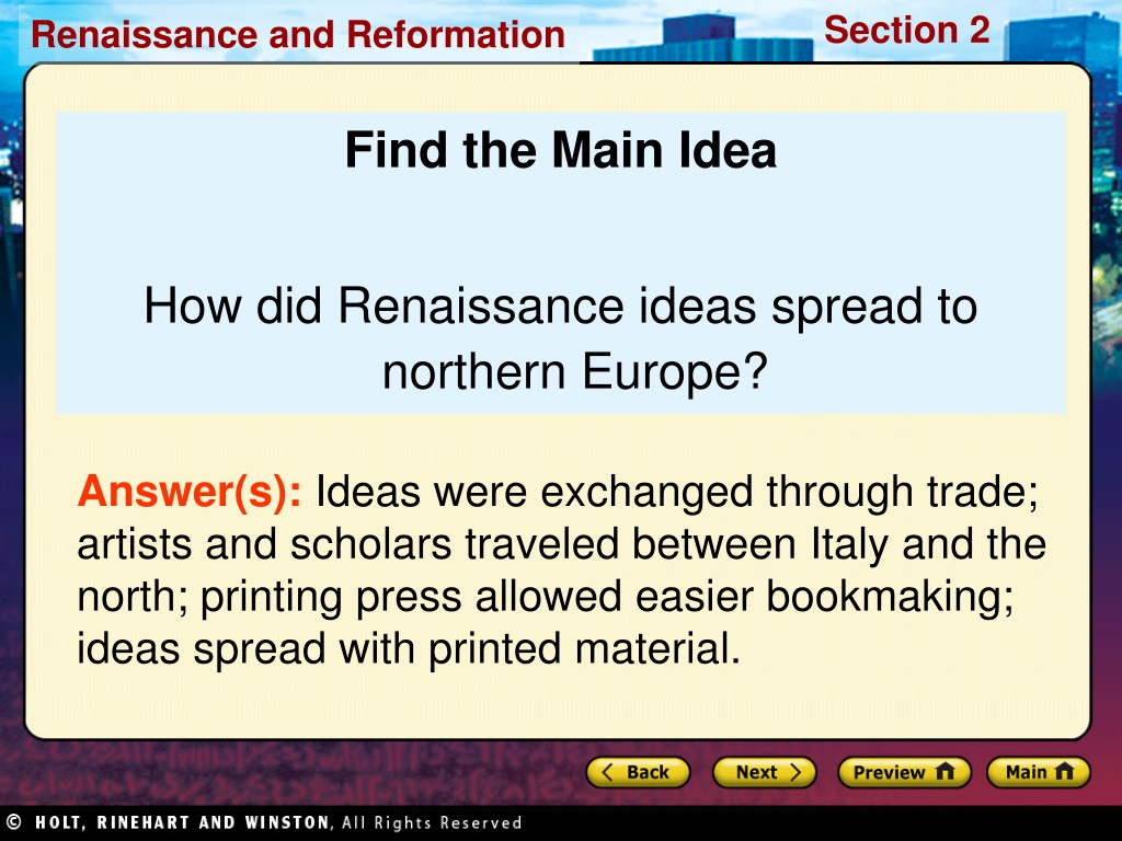 PPT - Preview Main Idea / Reading Focus The Renaissance Spreads North