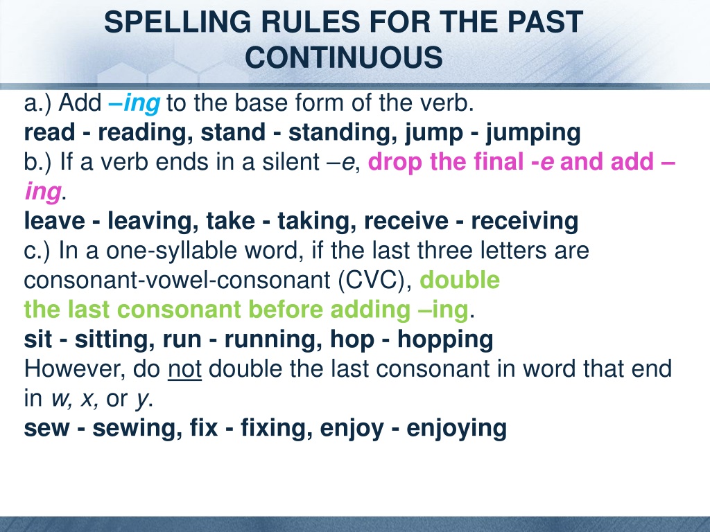 Present continuous spelling. Past Continuous ing. Паст континиус окончание. Past Continuous ing окончание. Правило Spelling Rules.
