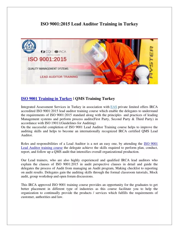 iso 9001 2015 lead auditor training in turkey n.