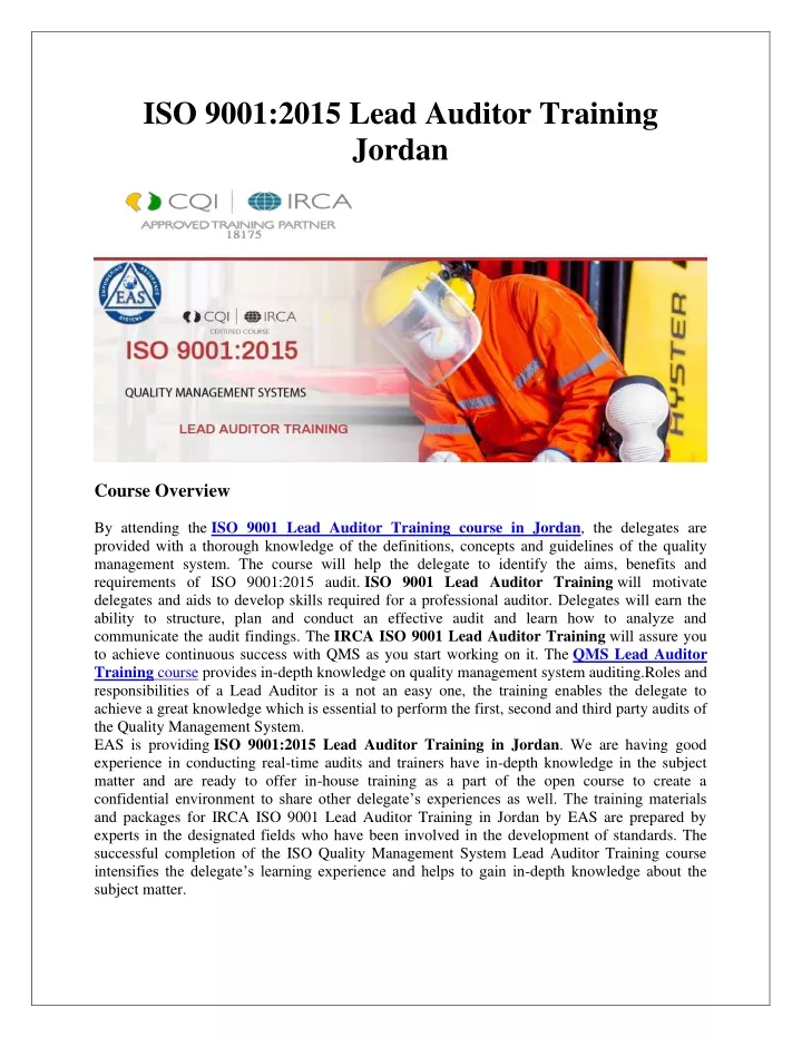iso 9001 2015 lead auditor training jordan n.