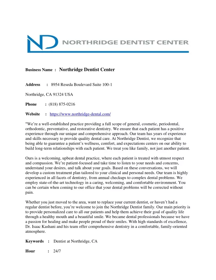 business name northridge dentist center n.