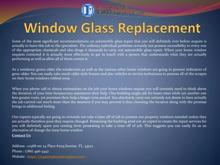 window glass replacement n.