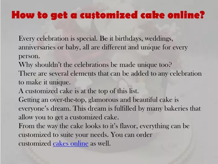 how to get a customized cake online n.