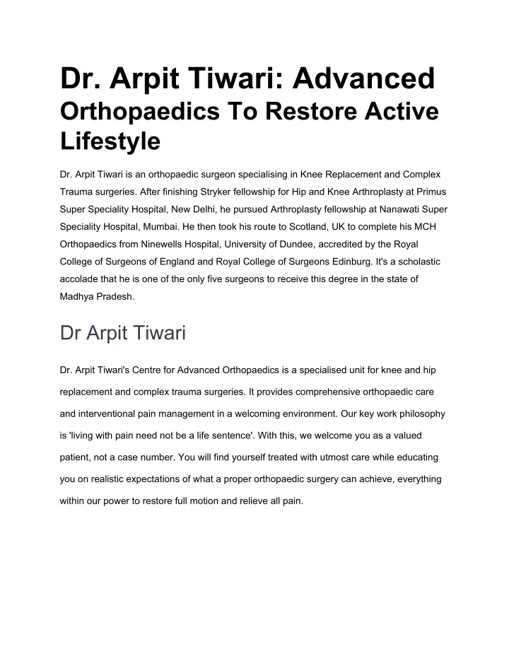 dr arpit tiwari advanced orthopaedics to restore n.