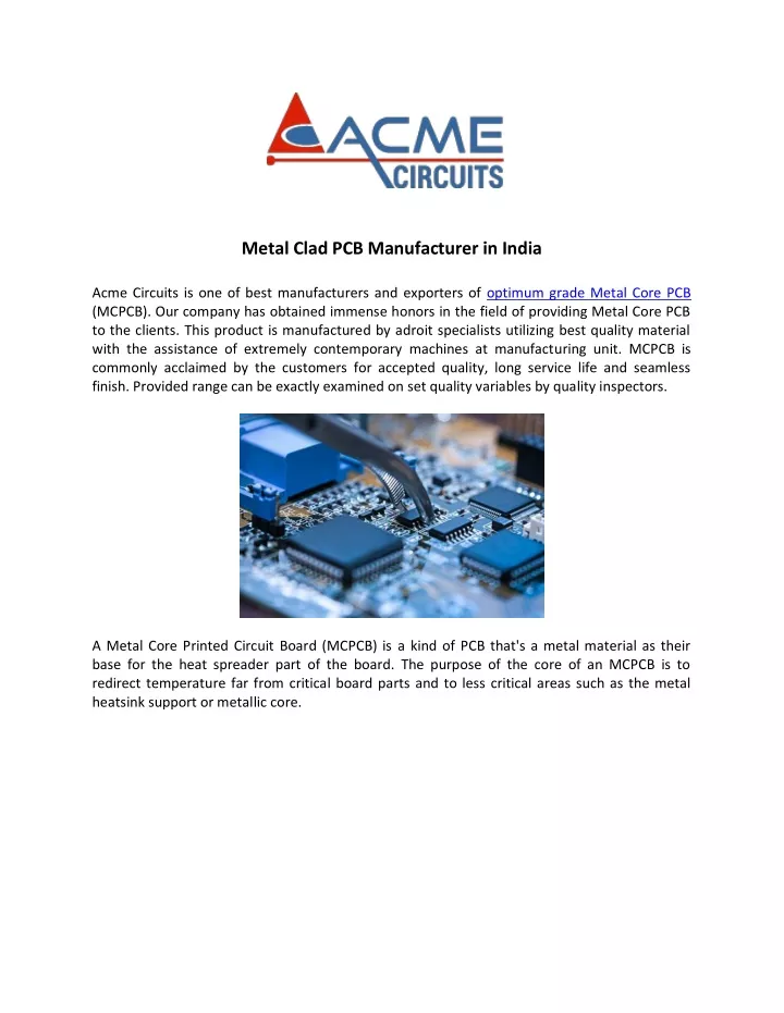 metal clad pcb manufacturer in india acme n.