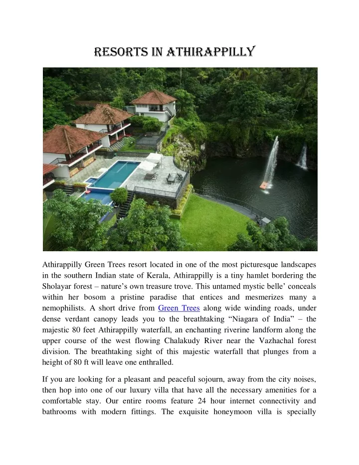 resorts in athirappilly n.