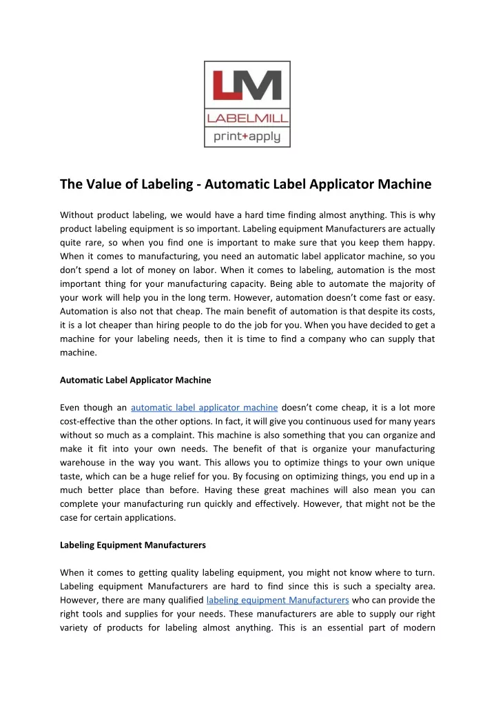 the value of labeling automatic label applicator n.