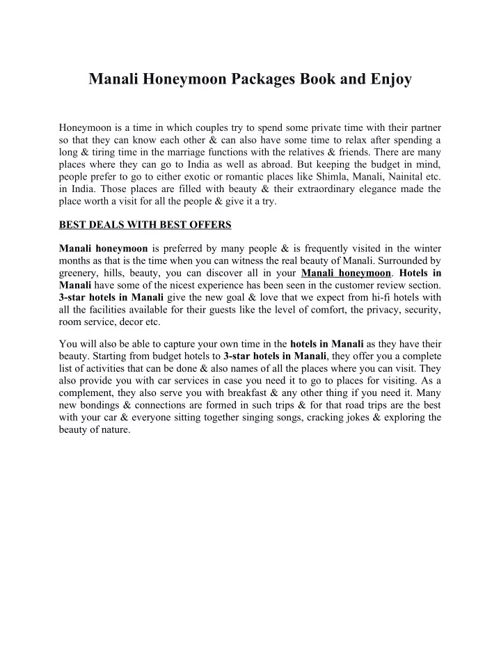 manali honeymoon packages book and enjoy n.